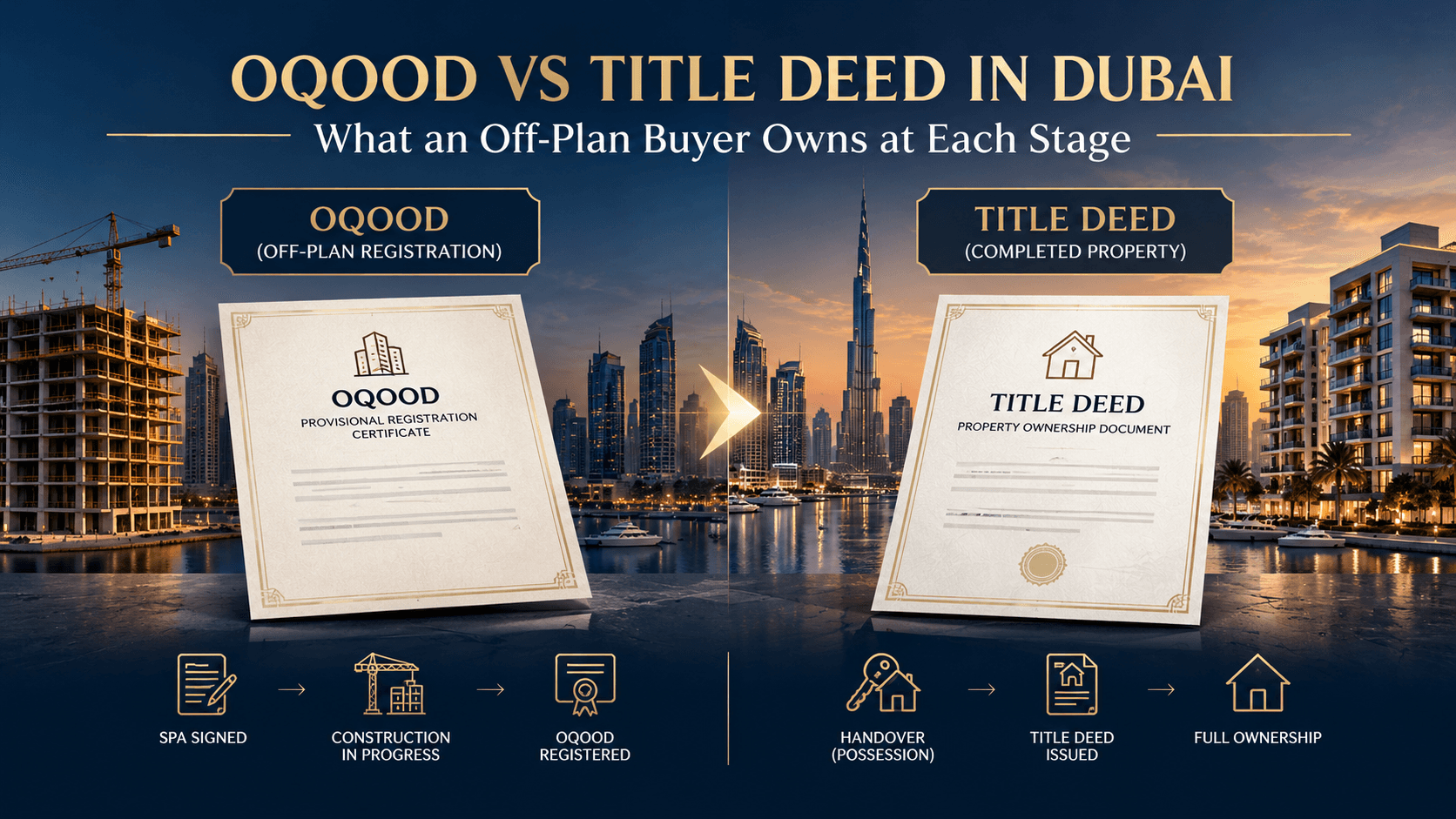 Oqood vs Title Deed in Dubai: What an Off-Plan Buyer Owns at Each Stage